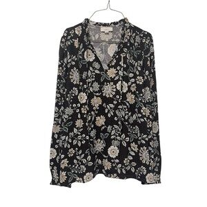 LOFT black blouse with tie v neck floral pattern womens NWT